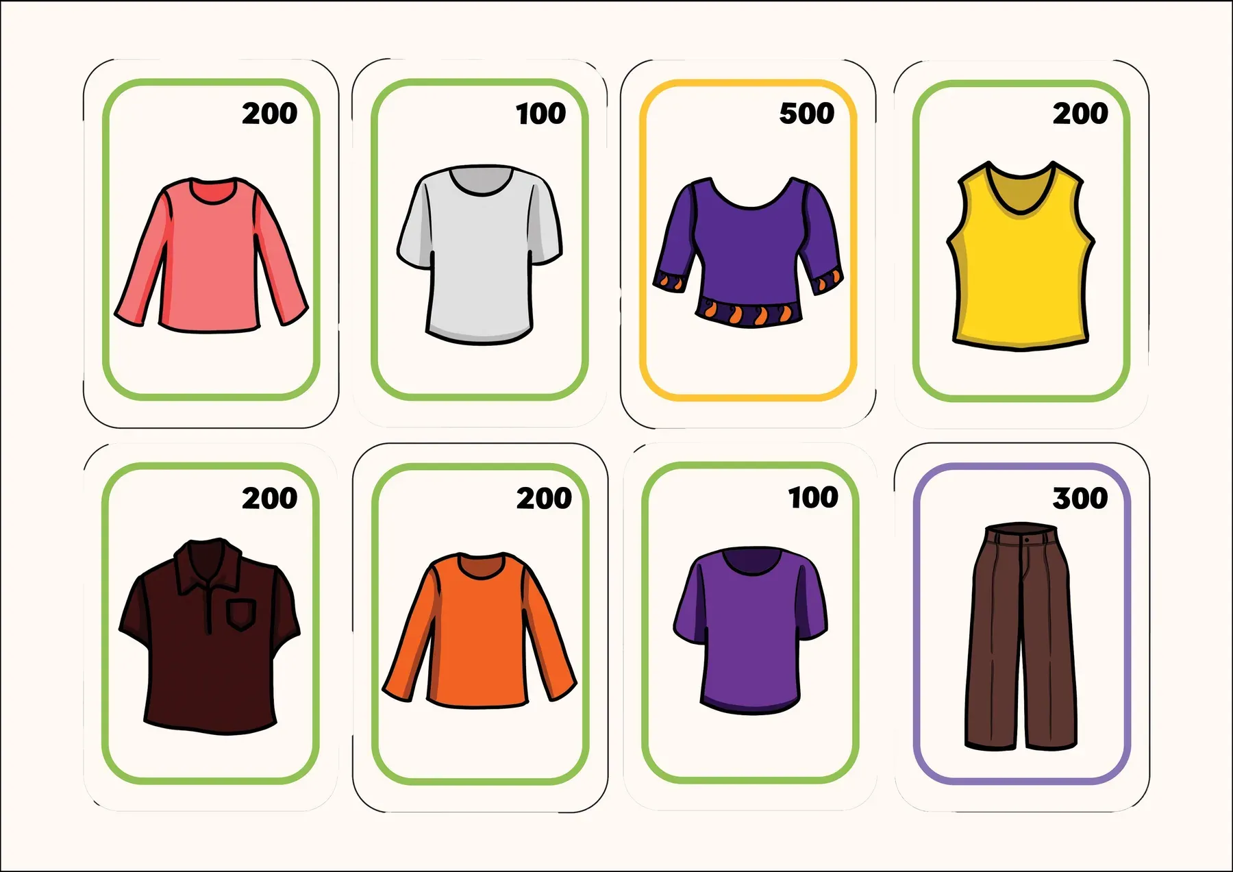 A printed sheet of clothing cards with their point values