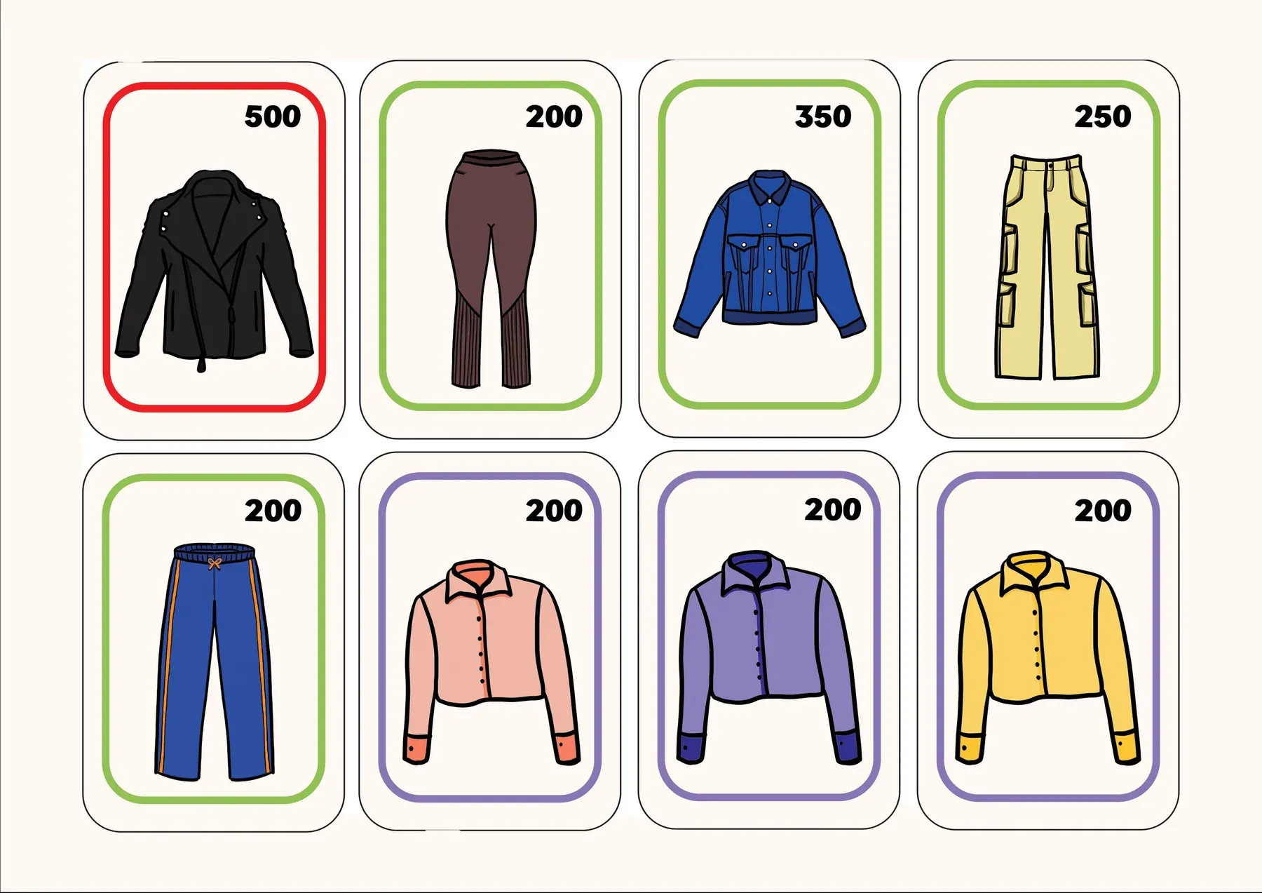 A second printed sheet of clothing cards