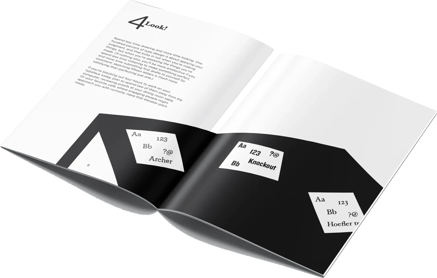 The booklet opened to a spread showing typeface specimens