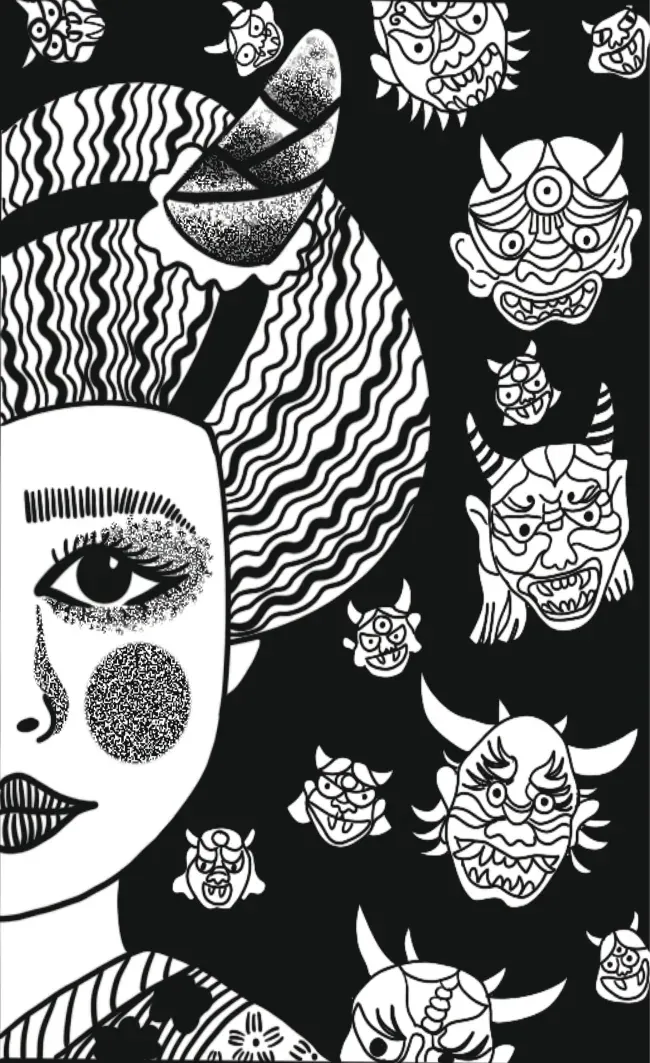 Postcard — a woman in profile ringed by small oni masks
