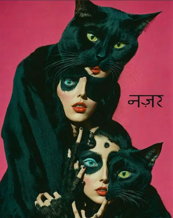 A poster set in Manidhara reading नज़र, with black cats and a veiled figure